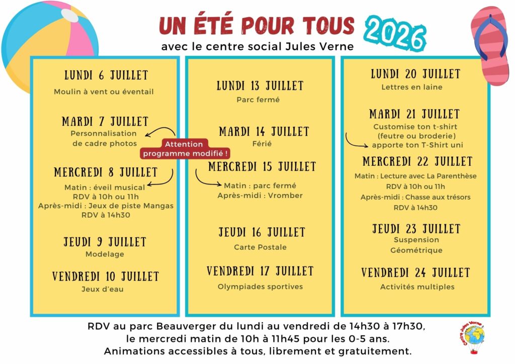 programme juillet 2026 centre social Jules Verne